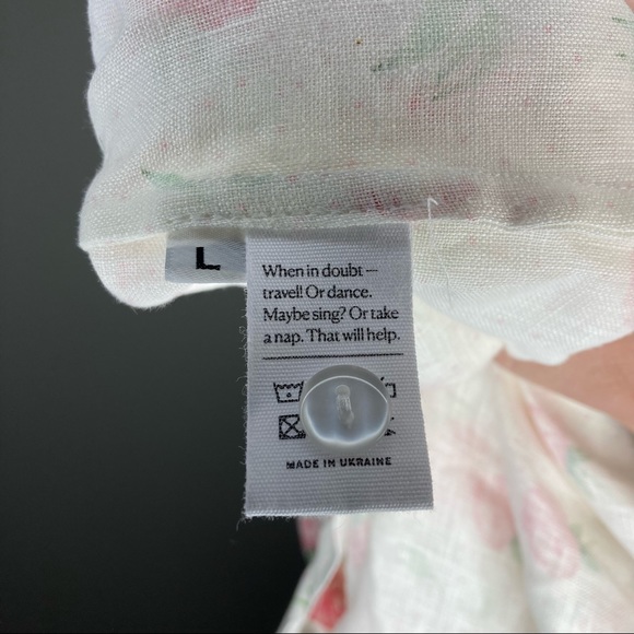 SLEEPER Marquise Linen Dress in Roses Pink White Lace Front Puff Sleeve L - Picture 8 of 9